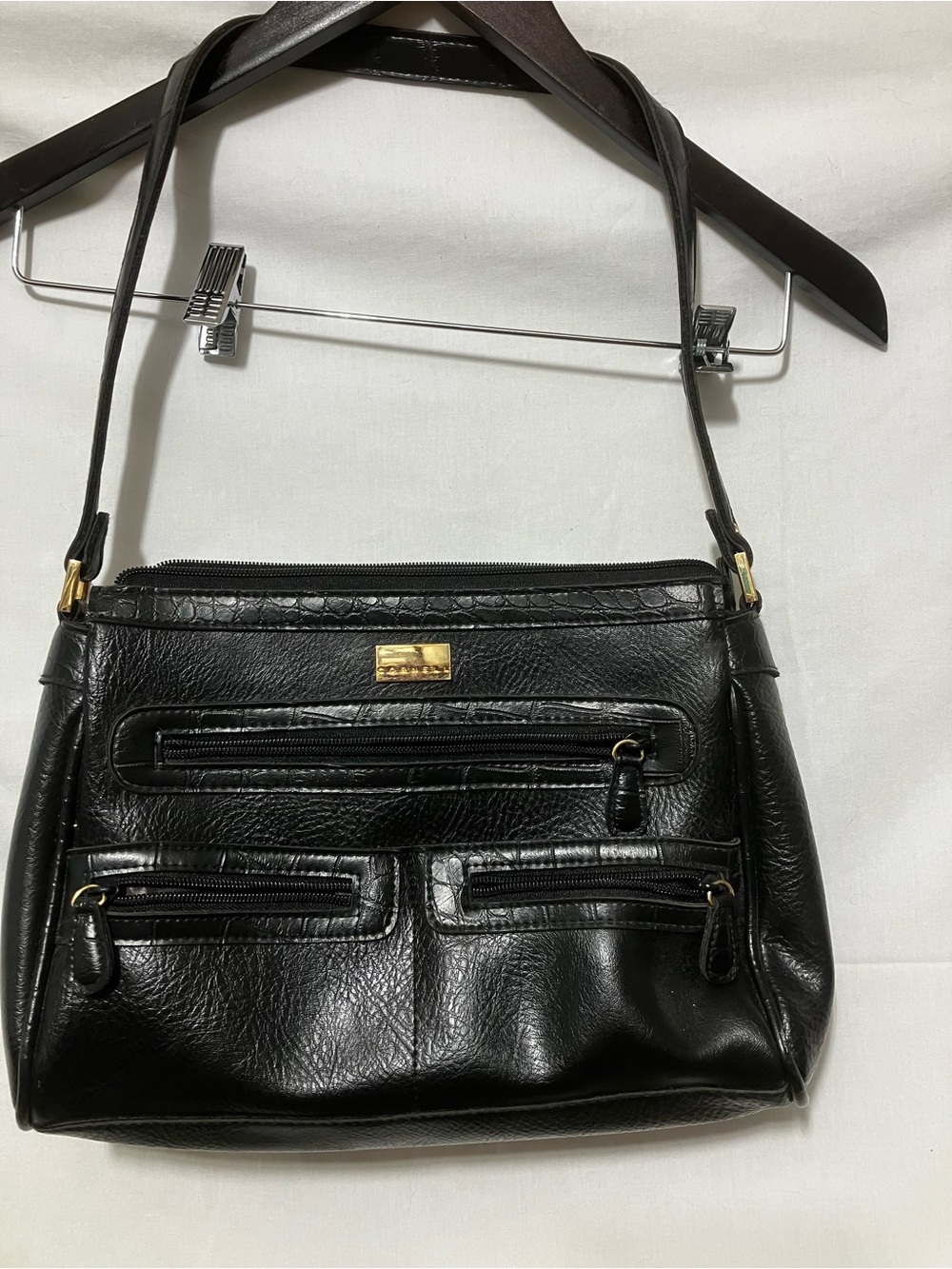 Classic Black Leather Crossbody Shoulder Bag with Gold Accent